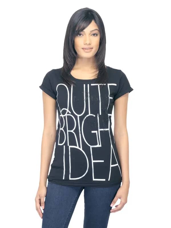 Flying Machine Women Printed Black T-shirt