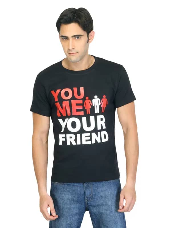Myntra Men You Me Your Friend Black T-shirt
