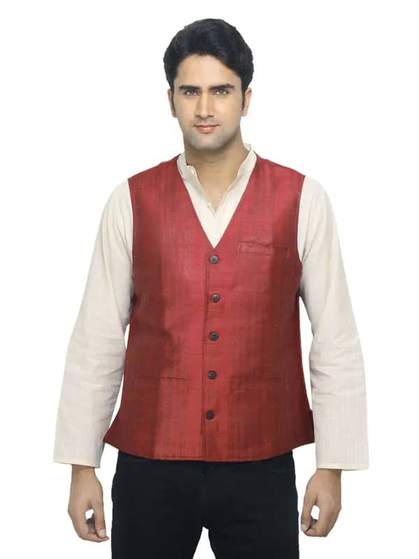 Fabindia Men Red Silk Sleeveless Waistcoat