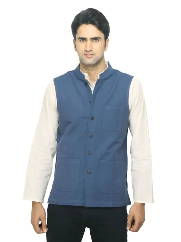 Fabindia Men Navy Blue Bhagalpur Nehru Jacket