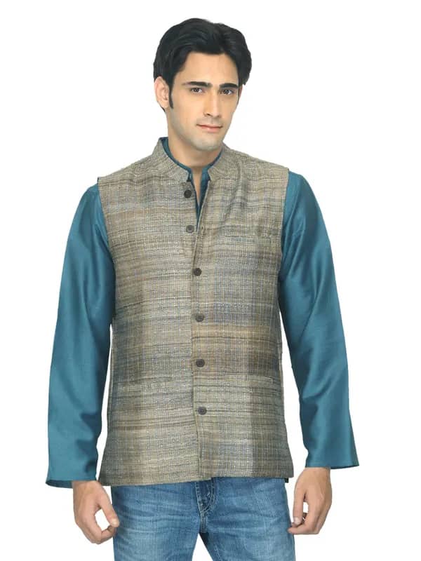 Fabindia Men Brown Silk Sleeveless Jacket