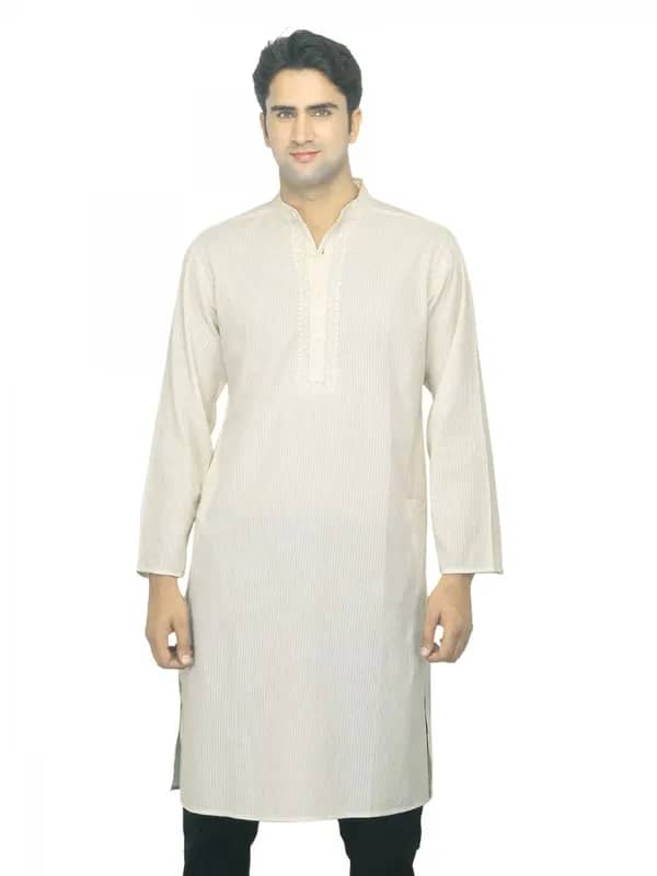 Fabindia Men Striped Cream Cambric Kurta