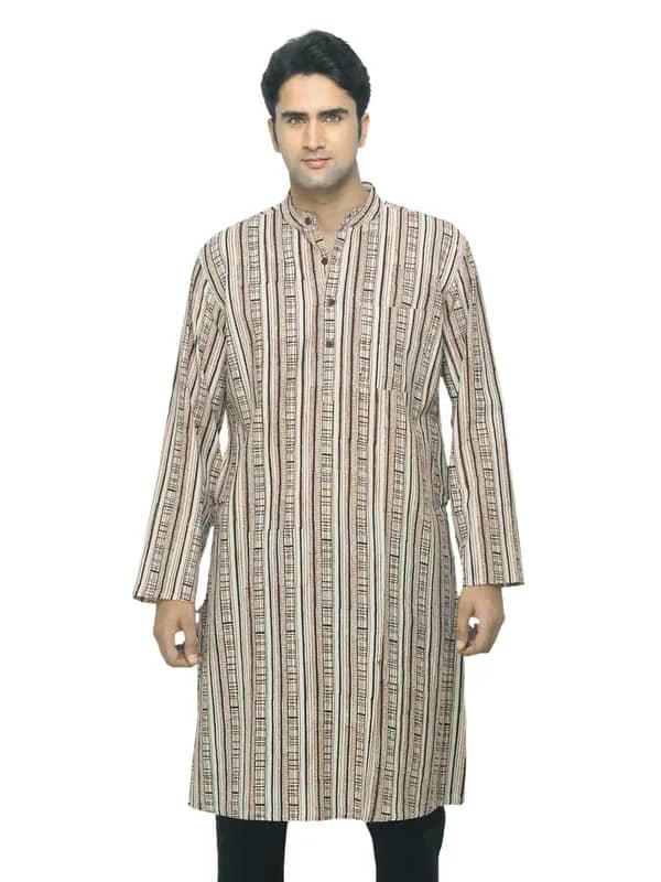 Fabindia Men Printed Beige & Black Kurta