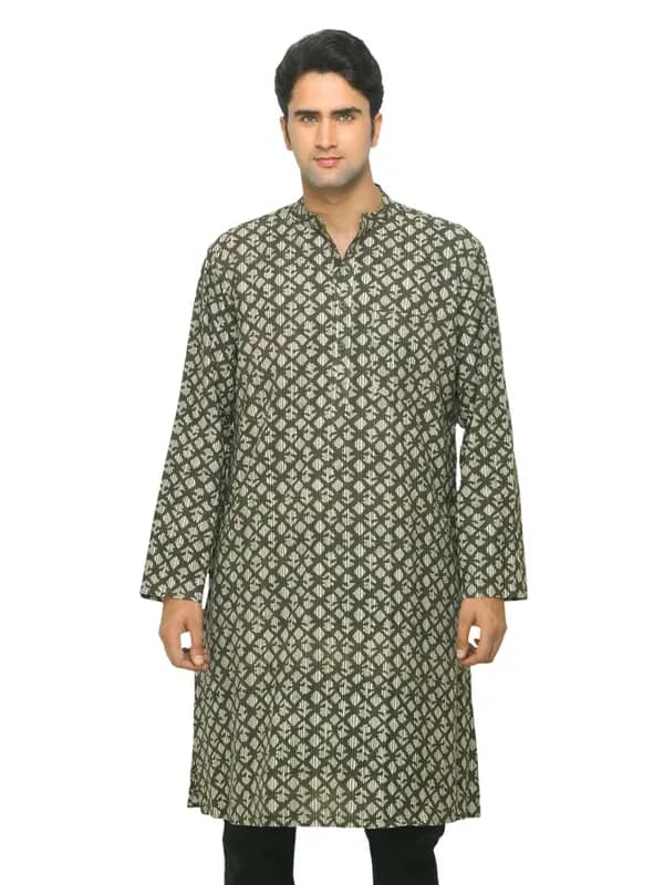 Fabindia Men Printed Olive Kurta