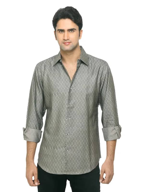 Fabindia Men Printed Grey Tussar Shirt