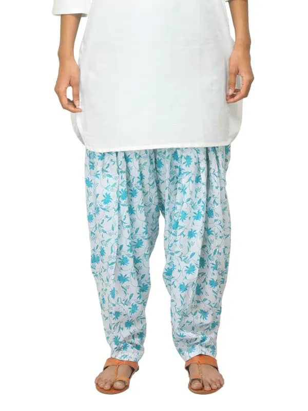 Fabindia Women Printed White & Blue Patiala
