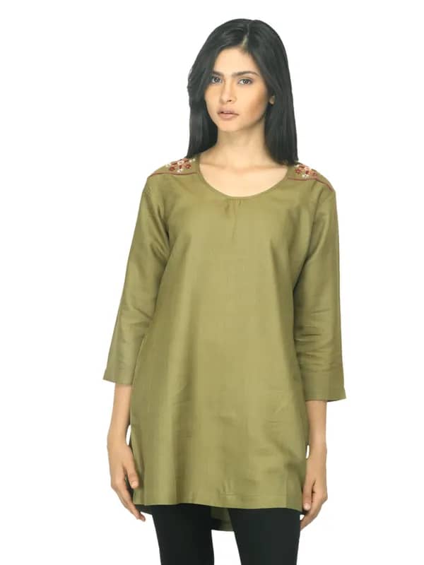 Fabindia Women Olive Silk Kurti