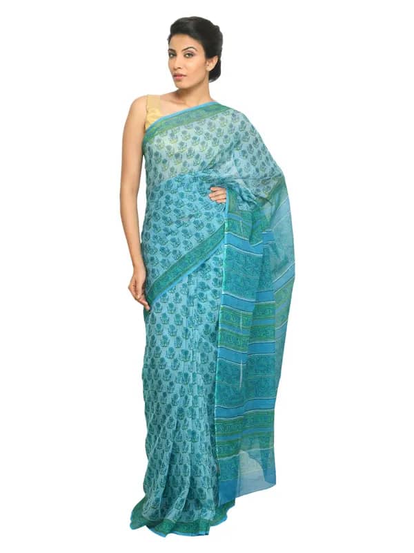Fabindia Women Blue Printed Kota Cotton Saree