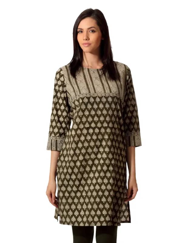 Fabindia Women Printed Olive Kurta