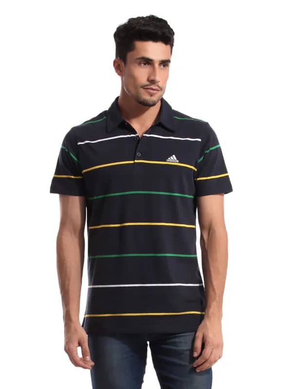 ADIDAS Men Thin Striper Navy Blue Polo T-shirt