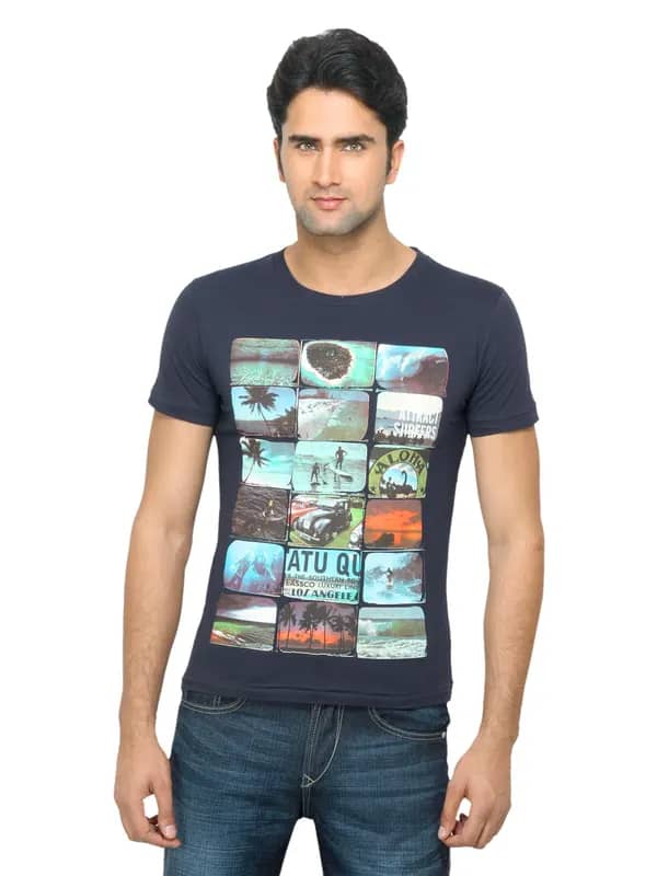 Status Quo Men Printed Navy Blue T-shirt