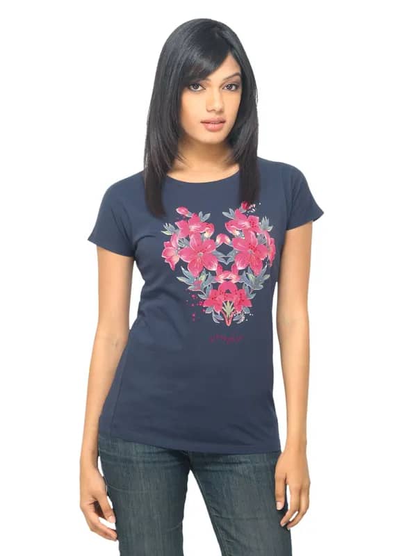 Wrangler Women Floral Stud Navy Blue T-shirt