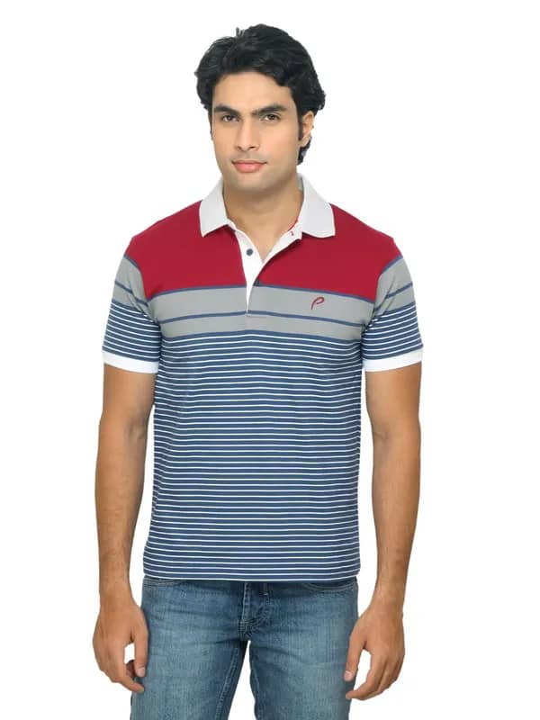 Proline Men Striped Red & Blue Polo T-shirt
