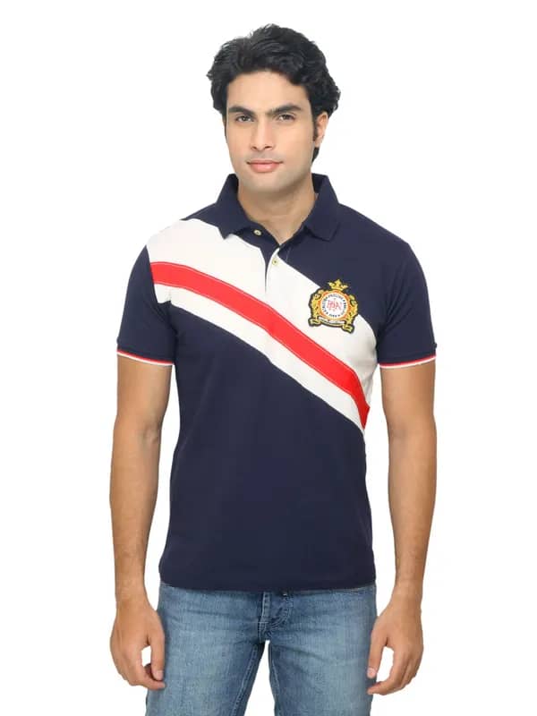 Proline Men Striped Navy Blue Polo T-Shirt