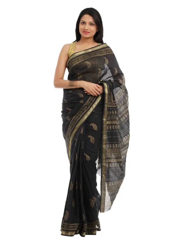 Fabindia H& Printed Black Cotton Sari