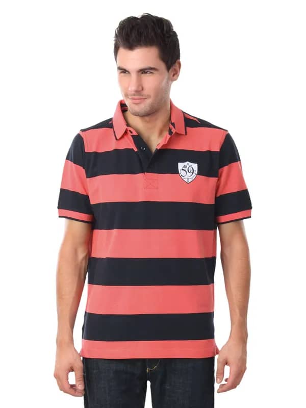 Wills Sport Men Navy Blue and Pink Striped T-shirt