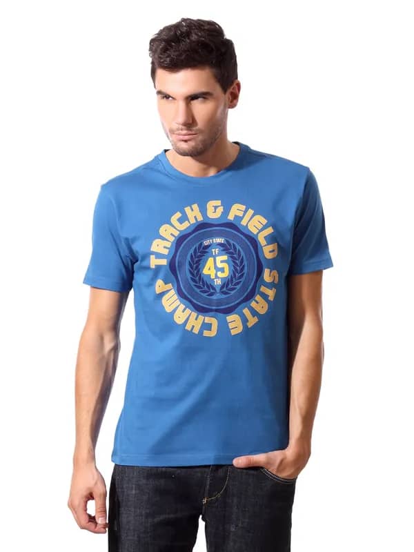 John Players Men Printed Blue T-shirt