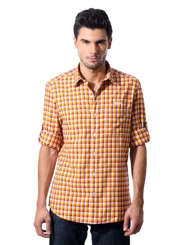 John Players Men Orange Gingham Shirt