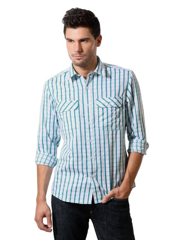 John Players Men Blue Check Shirt