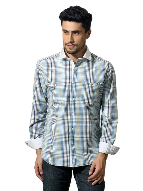 John Players Men Check Blue Shirt