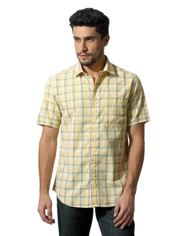 John Players Men Gingham Yellow Shirt