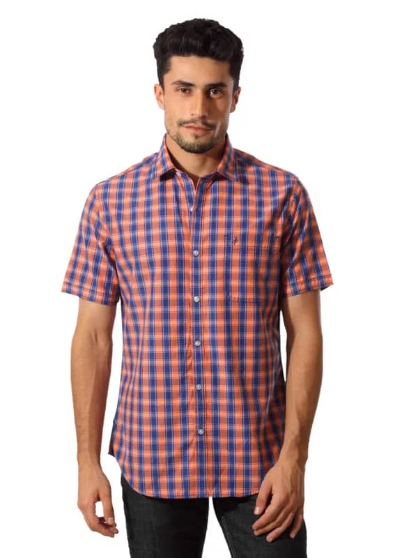 John Players Men Blue & Orange Check Shirt