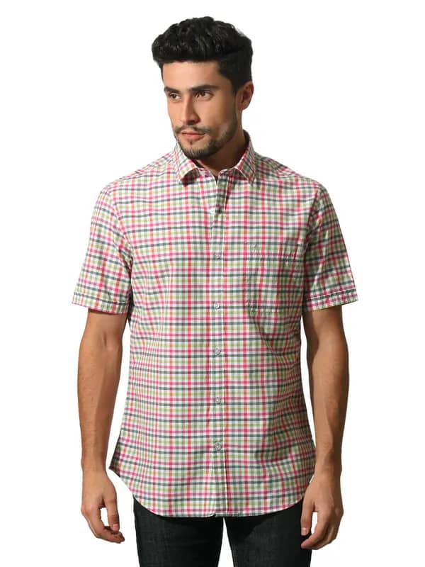 John Players Men Check Green Shirt