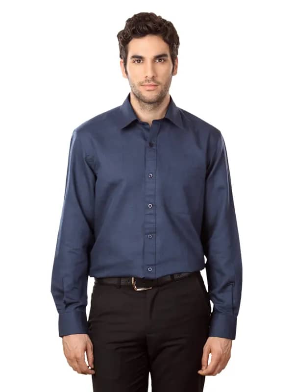 John Players Men Navy Blue Cotton Linen Shirt