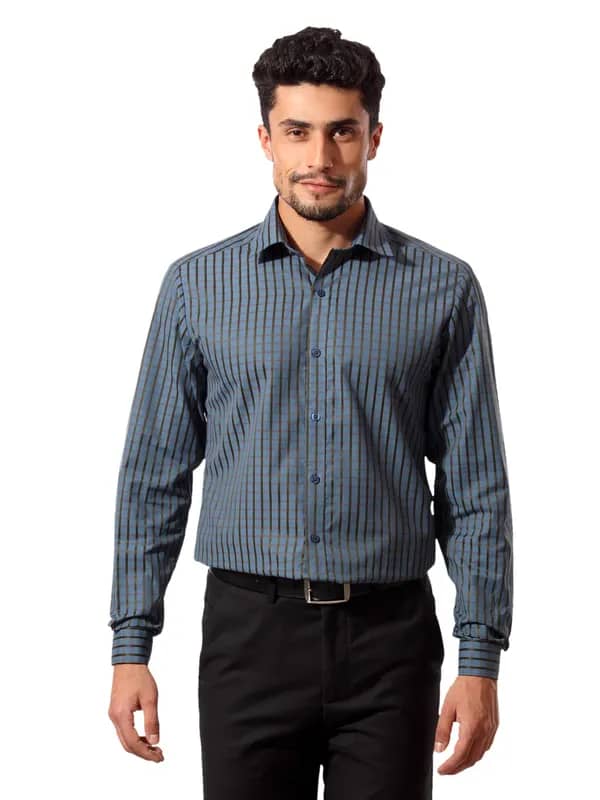 John Players Men Satin Stripes Blue Shirt