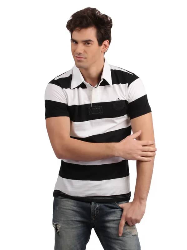 Free Authority Men White Polo Striped T-shirt