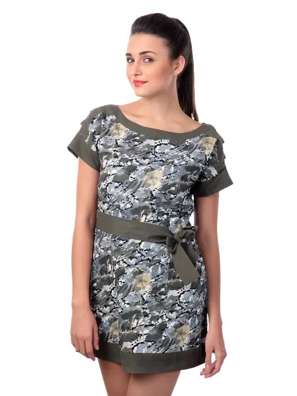 Latin Quarters Women Grey & Olive Printed Dress