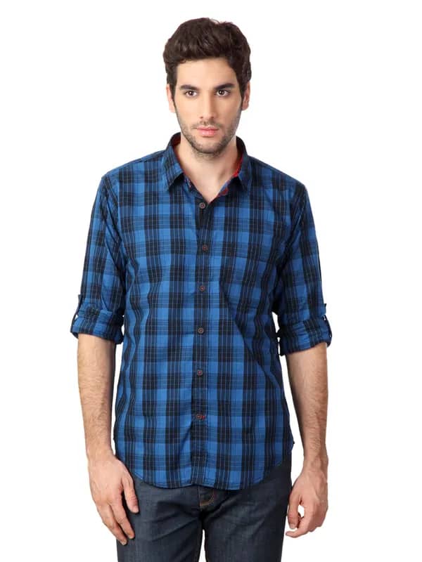 Probase Blue & Black Checked Slim Fit Casual Shirt