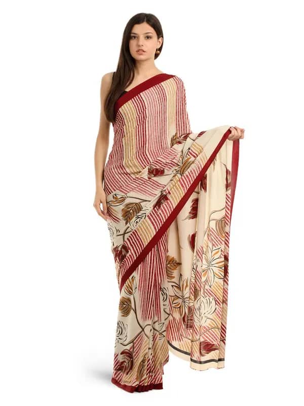 Prafful Belge & Red Crepe Printed Saree
