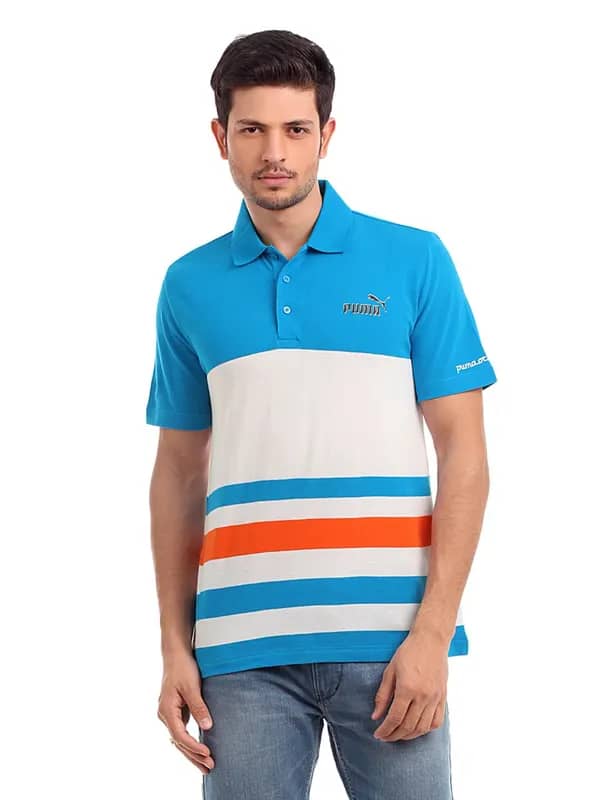 Puma Men Blue Striped Polo T-shirt