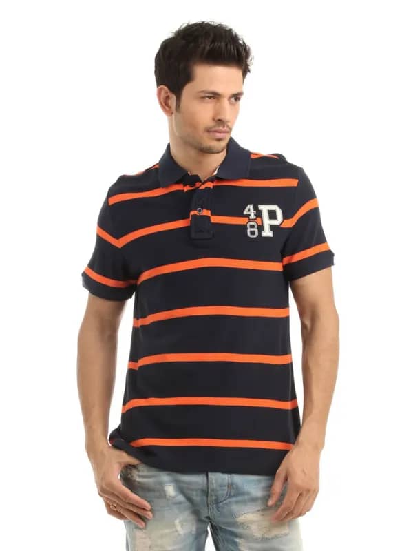 Puma Men Navy Blue Striped Polo neck T-shirt