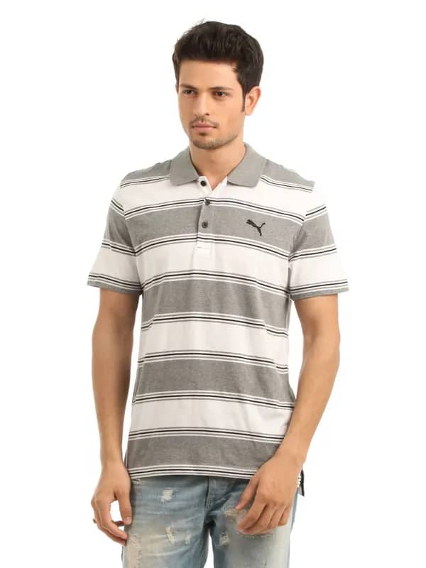 Puma Men Grey and White Striped Polo neck T-shirt