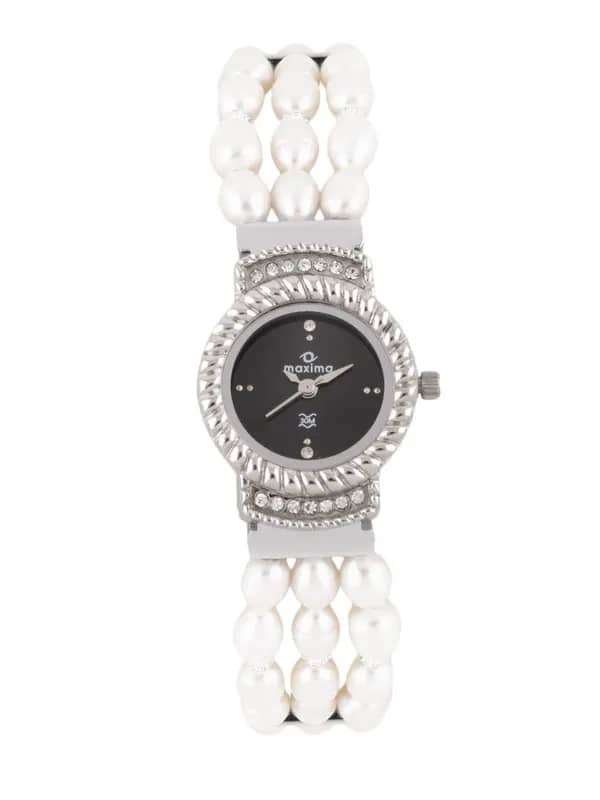 Maxima Women Black Dial Pearl Strap Watch