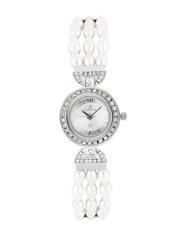 Maxima Women Silver Dial Pearl Strap Watch