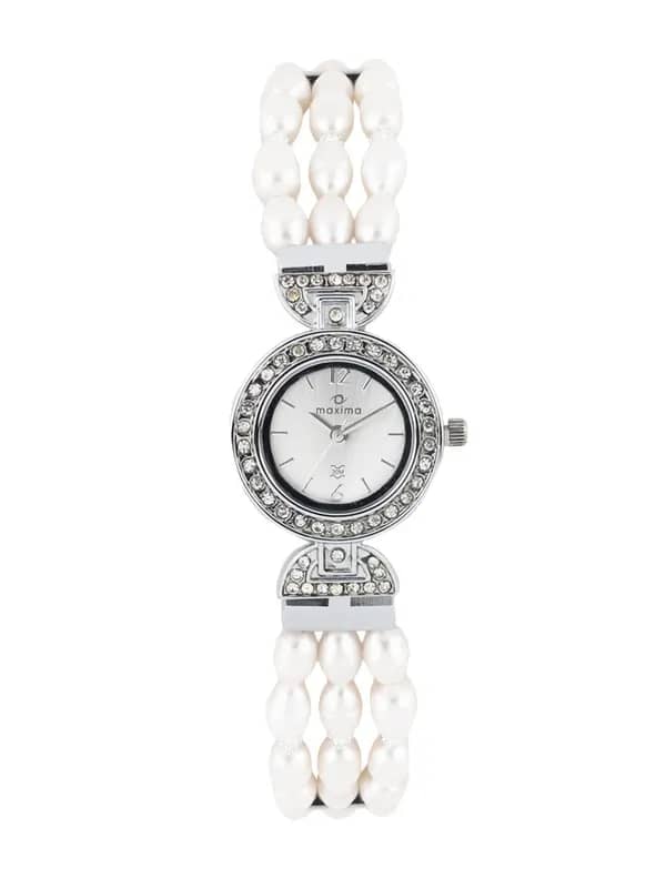 Maxima Women Silver Dial Pearl Strap Watch