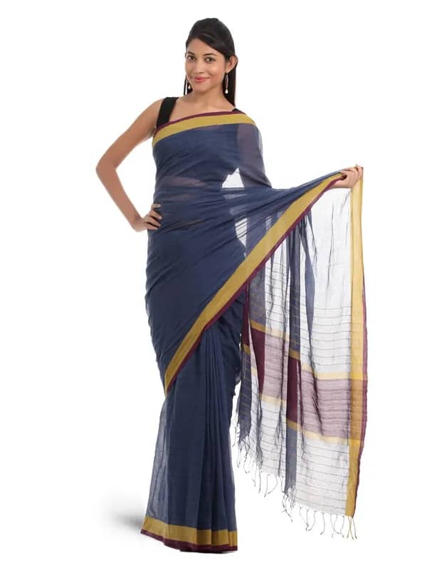 Fabindia Blue Self-Striped Saree