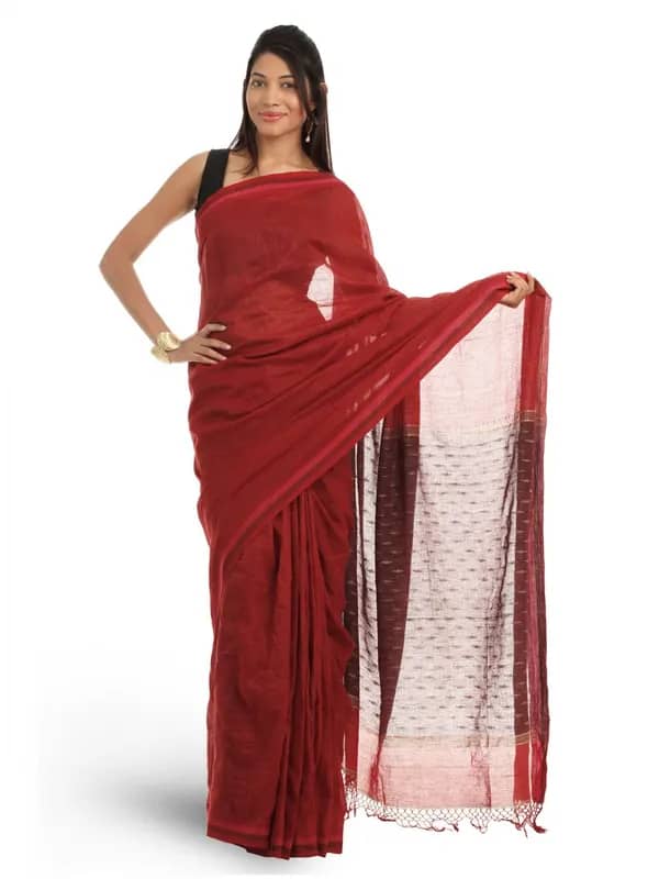 Fabindia Red Self-Striped Saree