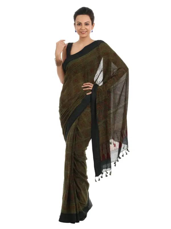 Fabindia Green Printed Ajrakh Dhonekhali Saree