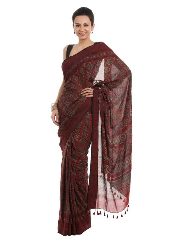 Fabindia Maroon Printed Ajrakh Dhonekhali Saree
