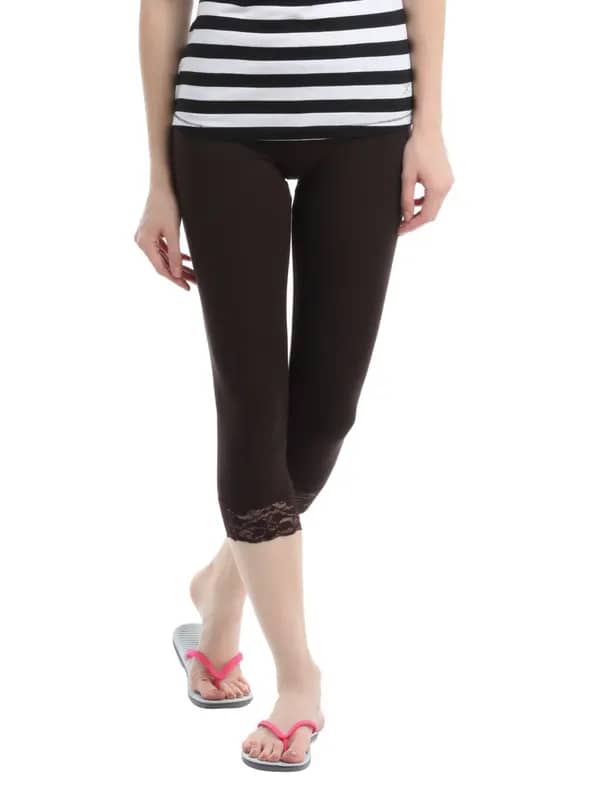 Hanes Women Brown Comfortsoft Waistband Cotton - Stretch Lace Capri Leggings