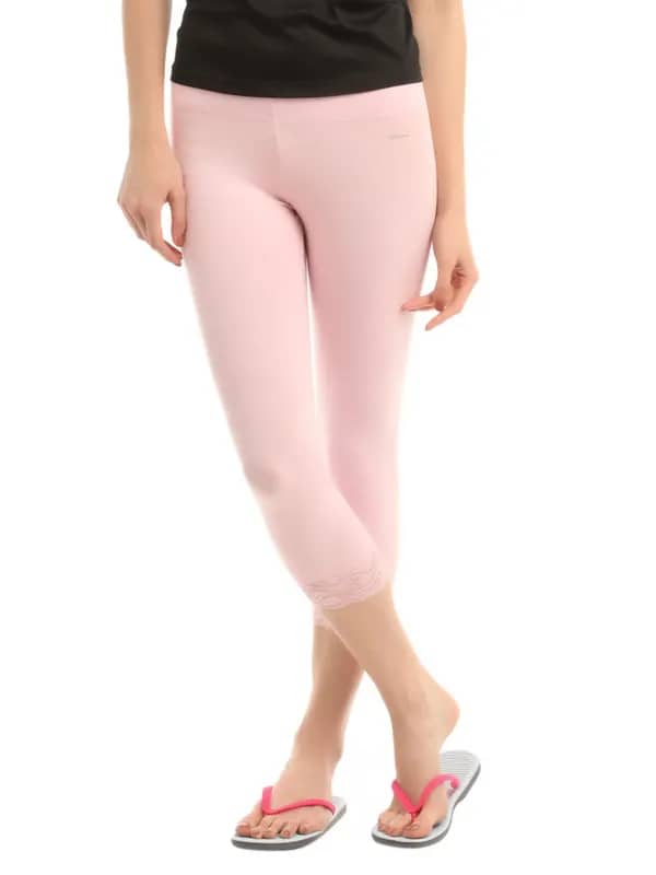 Hanes Women Pink Comfortsoft Waistband Cotton - Stretch Lace Capri Leggings