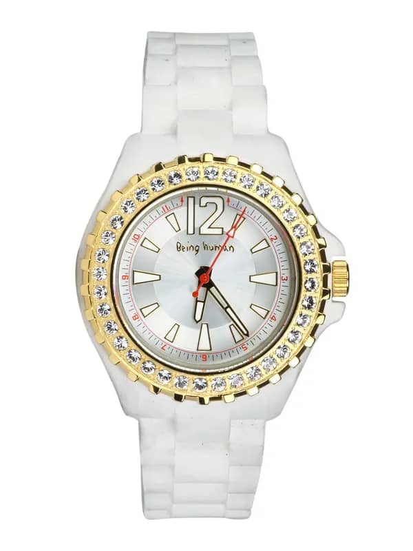 Being Human Women White Silicon Strap Stones Watch