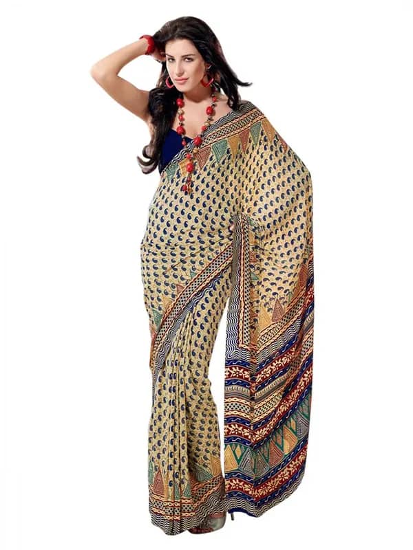 Prafful Beige & Navy Blue Printed Sari