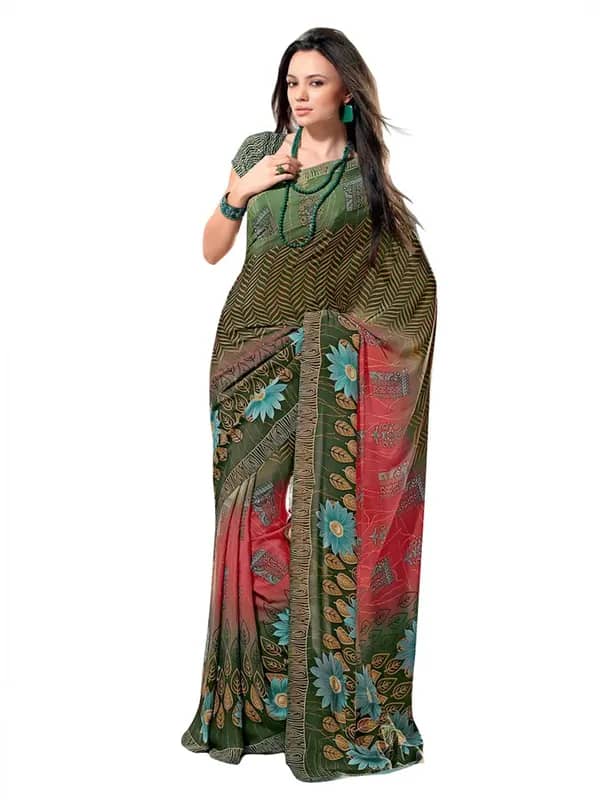 Prafful Pink & Green Crepe Sari