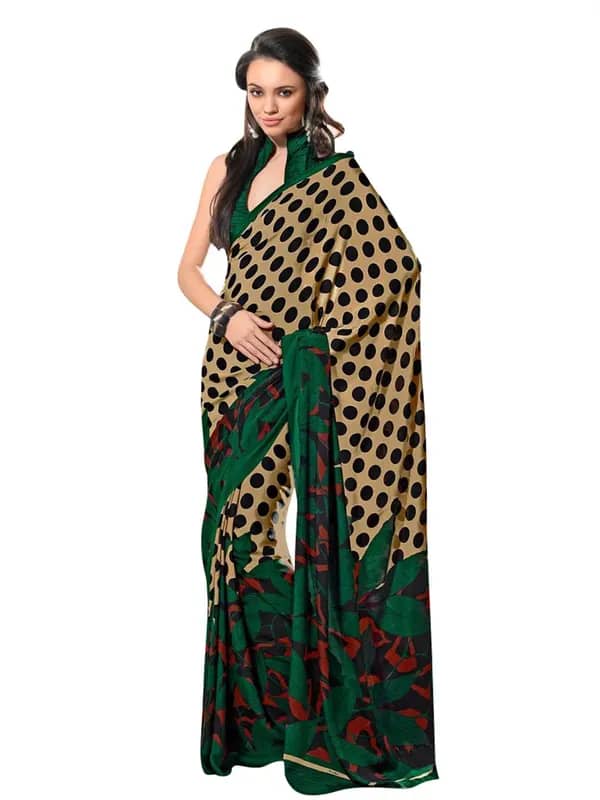 Prafful Beige & Black Crepe Sari