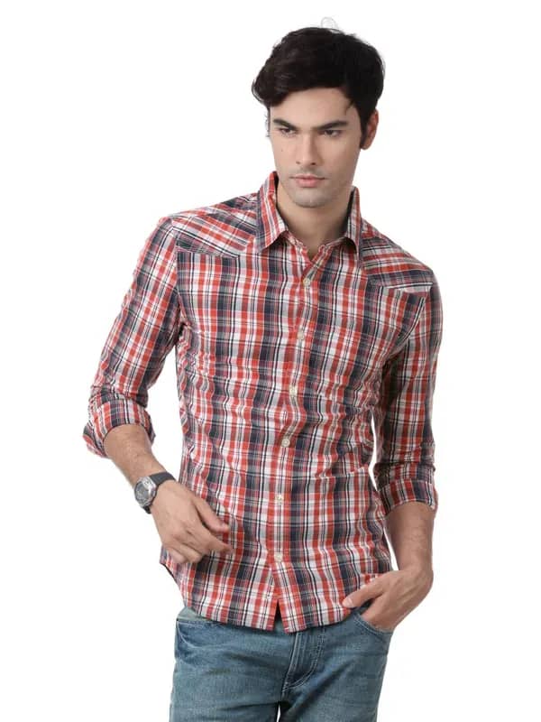 Myntra Men Navy Blue & Orange Check Shirt